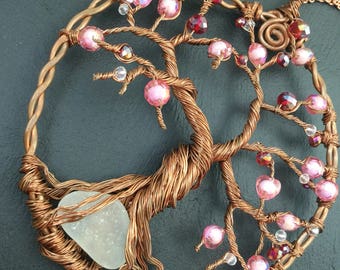Pink Crystal sun catcher ,wire sun catcher, recycled copper art, whimsical tree, tree of life sculpture, tree windchime,