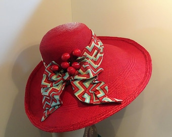 Cherry Red Panama Straw Hat Wide Brim 1940's