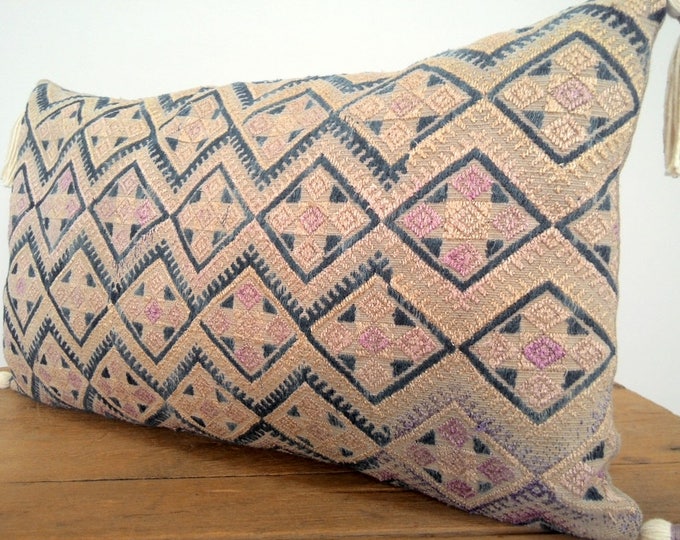 Vintage Chinese Wedding Blanket Pillow Cover / Boho Pink, Tan and Indigo Vintage Ethnic Miao Dowry Textile / Handwoven Lumbar Cushion Cover
