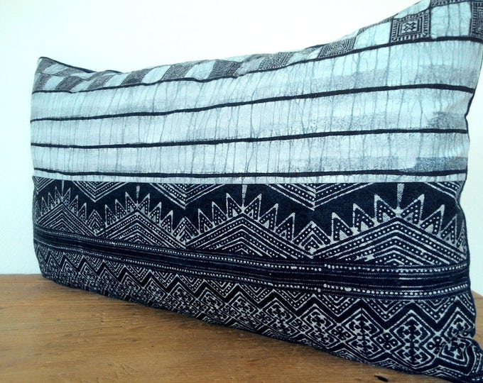 12" x 20" Eclectic Indigo Handmade Textile Pillow Cover/Miao Hmong Handspun Batik Pillow Cover/Boho Ethnic Cotton Textile Lumbar Pillow