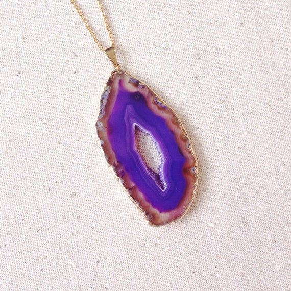 Agate Slice Necklace Purple Geode Slice By Thehollowgeode On Etsy 