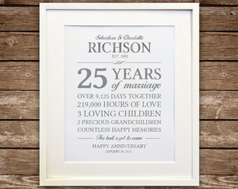 25th Anniversary Gift, Silver Anniversary, Anniversary Gift, Anniversary Gift for Parents, Anniversary Stats Printable, Custom Colors