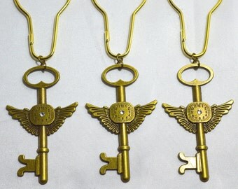 Winged Clock Key Shower Curtain Hooks, Steampunk Vintage Victorian Skeleton Key,Time Flies Wings, Antique Bronze w/Swarovski Crystal,Set 12