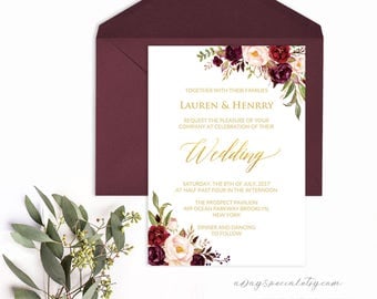 Burgundy Floral Gold Foil Wedding Invitation Template, Printable 5x7 Wedding Invites, Fits Vistaprint, DIY PDF Instant download #105