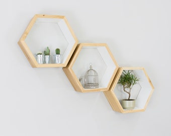 White Hand Painted Oak Hexagon Set of Three Wall Shelves
