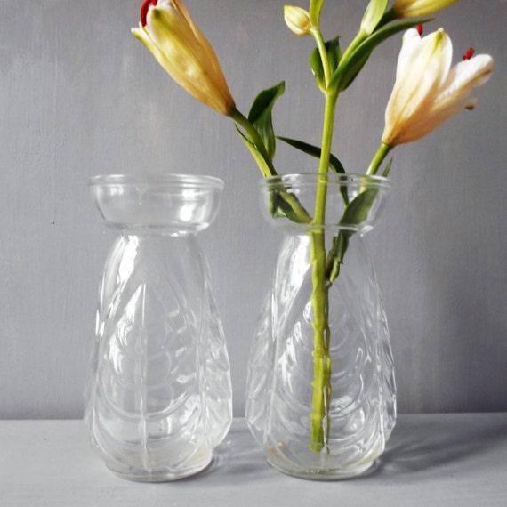 2 Hyacinth Bulb Vases French Vintage Clear Glass with Leaf