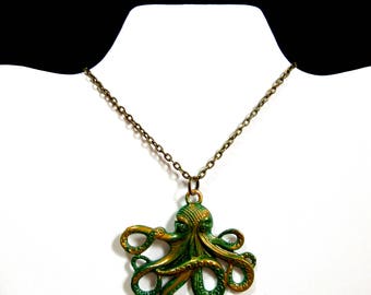 Large Octopus Necklace, Green Octopus Jewelry, Octopus Pendant, Steampunk Necklace, Steampunk Octopus, Sea Monster Necklace, Jewelry Octopus