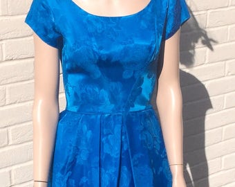 Perfect 1950s electric blue satin brocade party dress S