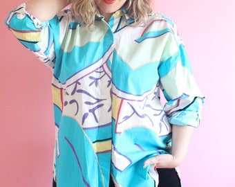 Vintage 80s Graphic Print High Low Button Up Tunic