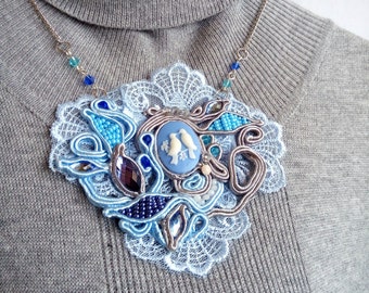 Blue necklace Romantic necklace Shabby necklace Bird necklace Bird pendant Lace necklace Shabby jewelry Woman Gift for Her Statement pendant