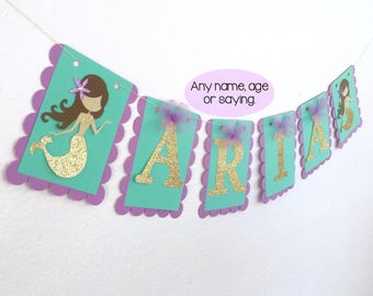Mermaid Banner, Under The Sea Banner, Mermaid Name Banner, Mermaid Birthday Banner, Lavender And Aqua Birthday Banner, Gold Mermaid Banner
