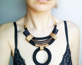 African clothing, tribal necklace, funky jewelry, modern necklace, edgy necklace, OOAK jewelry, urban fashion, black necklace, gold necklace