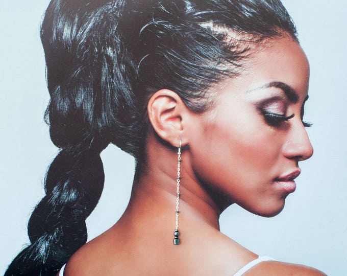 Black hematite jewelry, Chain dangle earrings, Long chain silver earrings, Long dangle chain earrings