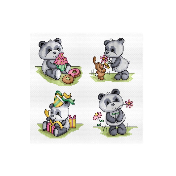 happy panda set - 4 cross stitch patterns