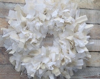Burlap and lace wreath - Rustic decor - neutral home decor - muslin wreath - burlap wreath - country chic decor - country decor - wreath