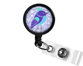 Badge Reels, RN Badge Reel, Button Retractable Badge Holder, Purple Bird Name Clips Matching Keyring/Key Chain Necklace Earrings Available