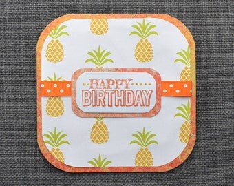 Pineapple Birthday Card, Handmade Birthday Card, Funky Orange Birthday Card, Quirky Card, Hand Stamped, Tropical Party, Hawaiian Birthday