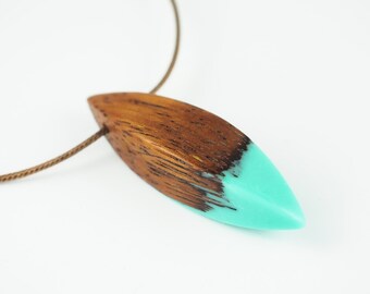 Turquoise Resin and Wood Pendant; Wood and Resin Pendant; Wood Jewelry