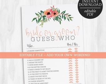 Bride or Groom Editable Game | He Said She Said Game | Bachelorette Games | Hens Party Games | Bridal Shower | Floral | Guess Who Said It