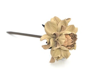 Wooden floral hair stick, real leather & natural wood hair fork, beige rose flower hairfork, handmade hair accessory genuine leather + wood