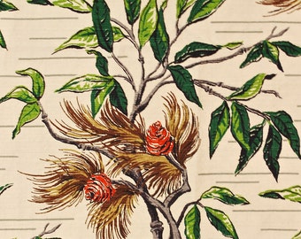 Vintage 1940's/50's Barkcloth Fabric / 18" x 42" / Floral/Pine Cones Print / Retro Collectable Rare