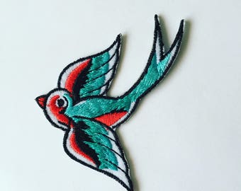 Swallow Iron-On Patch, Rockabilly Bird Patch, DIY Embroidery, Embroidered Applique, Decorative Patch, Bird Lover Gift, Rockabilly Gift
