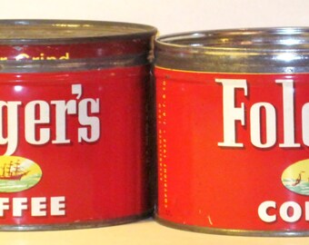 Folger's Coffee Cans With Lids-- 2 Cans --1 lb. Each ---Two Coffee Cans for One Price--1952