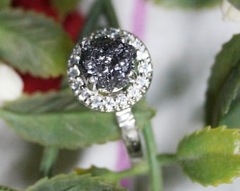 1.51 cts Black Raw diamond ring, Black diamond ring, Black Diamond engagement ring,Black rough diamond ring, 925 silver hammered Ring