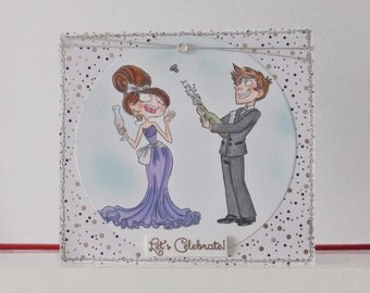 New year card - Anniversary card - Blank double greeting card - Hand colored - Main card color is light grey