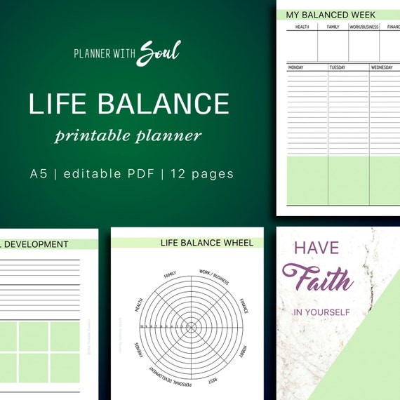 A5 Life Balance Planner Editable Balanced Life by plannerwithsoul