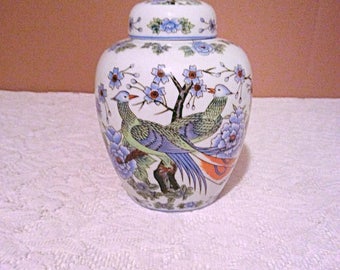 Ucgc Ginger jar, peacock and blue flowers Japanese Ginger jar, vintage condiment container.
