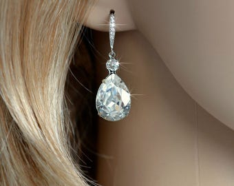Rhodium, Yellow or Rose Gold -- Handmade Swarovski Teardrop Dangle Bridal Earrings, Bridal, Wedding (Sparkle-2318)