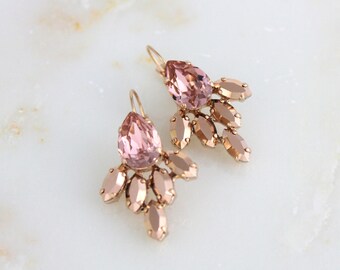 Rose Gold Bridal earrings, Crystal Wedding earrings, Wedding jewelry, Swarovski crystal earrings, Blush crystal earrings, Pink crystal