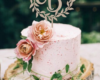 Wedding Cake Topper Wreath Initial Wedding Cake Topper Personalized Wedding Cake Topper Wood Cake Topper