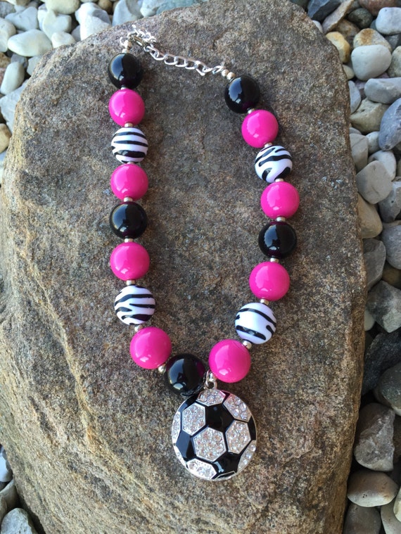 Soccer mom necklace, rhinestone soccer, black and pink soccer necklace, school spirit, soccer jewelry, soccer team, bubblegum necklace