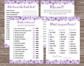 Printable Bridal Shower Games / Purple Bridal Shower Game Bundle / Floral Purple Bridal Shower Games / Bridal Shower Activities / 004 / 005