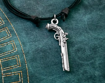 Pistol Necklace Pirate Gun Necklace Pirate Jewelry Gun Jewelry Weapon Leather Necklace Black Cord Necklace Men's Jewelry Boyfriend Necklace