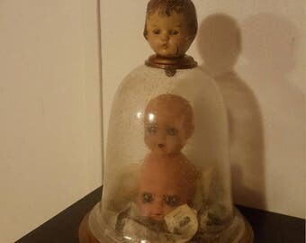 OOAK Hand Made Doll Head Antiqued Bubble Glass Bell Cloche