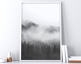 Printable Forest Art | Foggy Forest | Foggy Mountains | Fog Landscape Art | Extra Large Wall Art | Nordic Wall Decor | Scandinavian Print