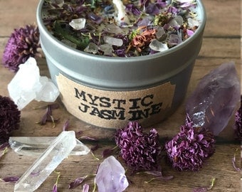 6oz Mystic Jasmine Candle,Soy candle with infused flowers,Floral,Travel candle,Crystal candle,Gift for her, 6 oz, Gemstone and flower candle