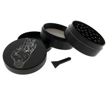 Hand Holding Joint Tattoo Herb Grinder Premium Engraved 4 Layer Metal - Square - Old School Custom Herb Tobacco Grinder Pollen 4.20 420 Gift