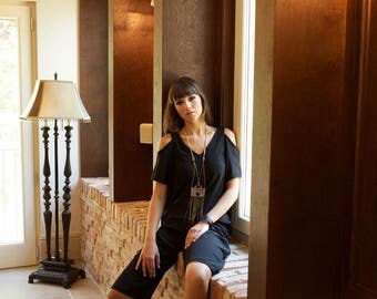 Black Loose Women's Jumpsuit, Woman's Bohemian Jumpsuit, Casual Romper with Pockets, Loose Jumpsuit, Cold Shoulder, Cut out Shoulder Top