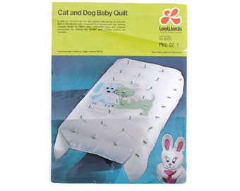 Vintage Cat and Dog Baby Quilt Kit by LeeWards - Puppy and Kitten with Gingham Applique Details in Green and Blue