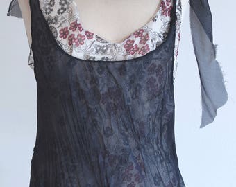 Blue printed silk Empire dress pleated effect