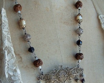 Assemblage Vintage Antique Cameo Necklace Repurposed Cannetille Filigree Prayer Beads Garnet Neo Victorian Classic Upcycled