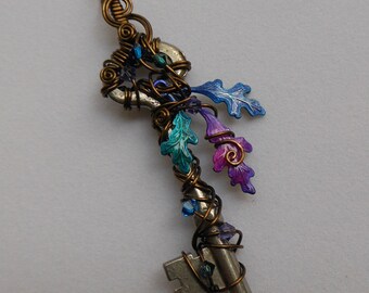 Wire Wrapped Key Pendant -- Faery Enchanted Oak Tree with Purple, Blue, Teal Leaves, Antique Brass Wire, Swarovski Crystals