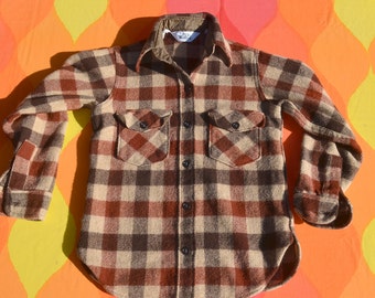 vintage 70s shirt wool PLAID woolrich lumberjack hunting brown button down jacket 10 children's Large 60s