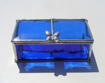 Cobalt Blue, Stained Glass Jewelry Box, with Butterfly or Your Choice of Handle