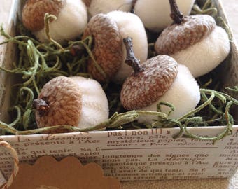 Handmade velvet acorns with real caps/ white/ Free US Shipping