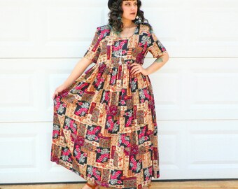 1990s Vintage Rose Print Babydoll Maxi Tent Dress Short Sleeves Gold Cream Victorian Rose Print Empire Waist Grunge Dress Size Large